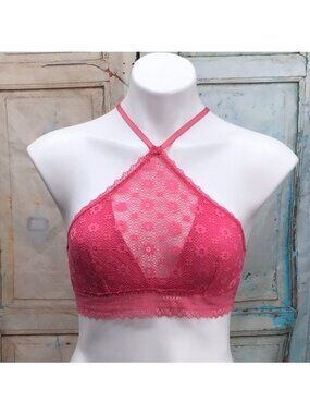 Victorias Secret Pink Lace Halter Bralette Size S Adjustable Straps Floral Mesh